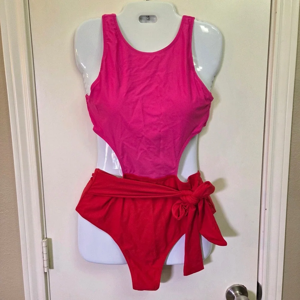 Pink Red Colorblock Cutout Monokini High Waist Side Tie One Piece Swimsuit M